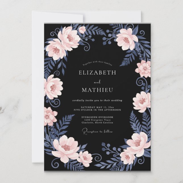 Convite Casamento com Folhas de Pêssego Preto (Frente)