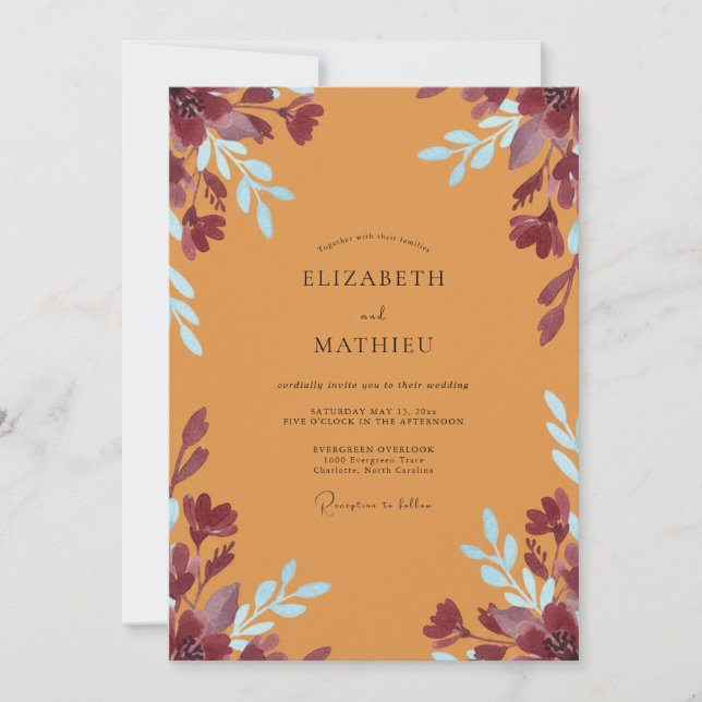 Convite Casamento com Folhas de Plum Ochre (Frente)