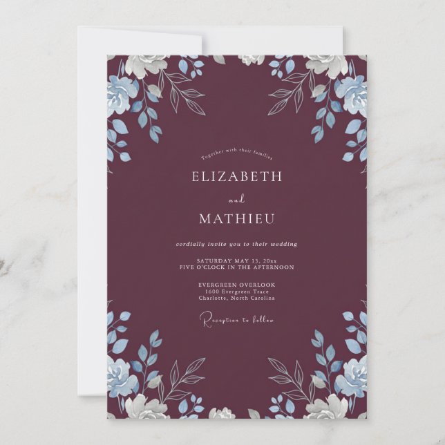 Convite Casamento com Folhas de Plum Periwinkle (Frente)