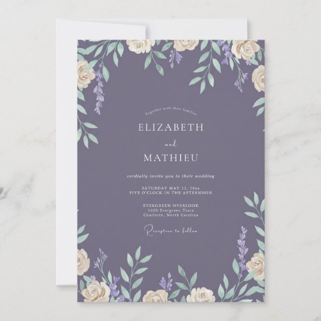 Convite Casamento com Folhas de Plum Slate (Frente)