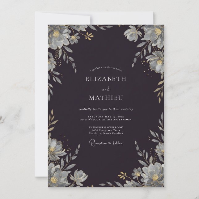 Convite Casamento com Folhas de Prata e Carvão (Frente)