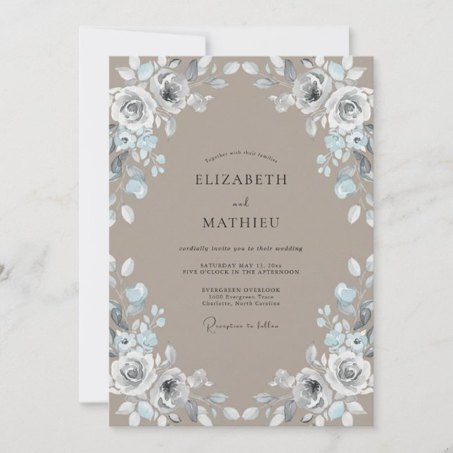 Convite Casamento com Folhas de Prata Quente Bege (Frente)