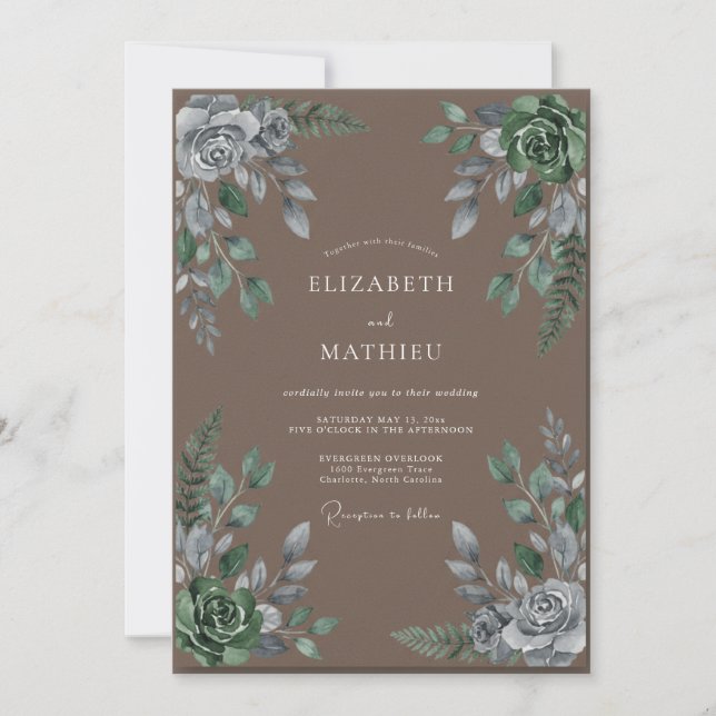 Convite Casamento com Folhas de Prata Taupe (Frente)