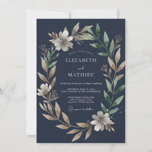 Convite Casamento com Folhas de Safira Escura