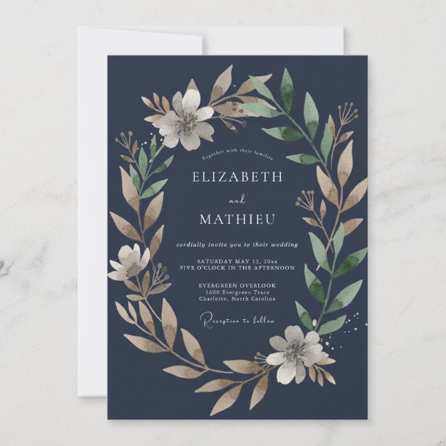 Convite Casamento com Folhas de Safira Escura (Frente)