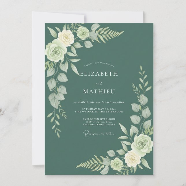 Convite Casamento com Folhas de Sage Azul-Verde (Frente)