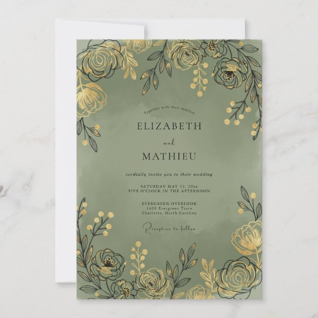 Convite Casamento com Folhas de Sage Douradas (Frente)