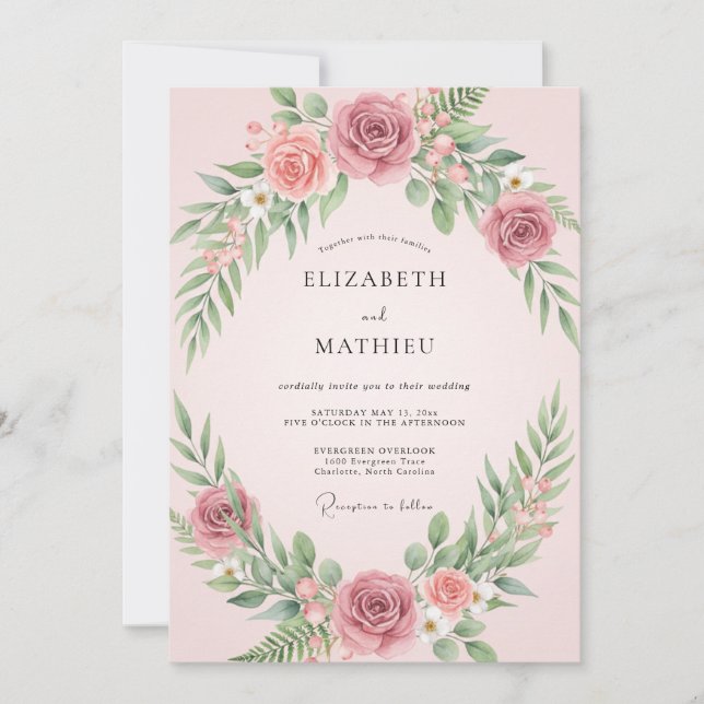 Convite Casamento com Folhas de Sage Rosadas (Frente)