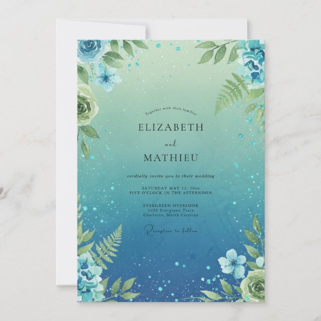 Convite Casamento com Folhas de Samambaia Azul (Frente)
