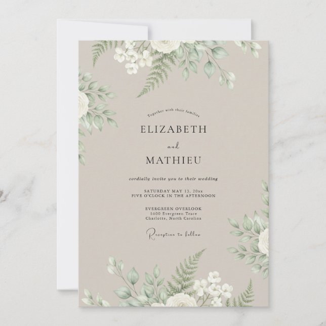 Convite Casamento com Folhas de Samambaia Bege (Frente)