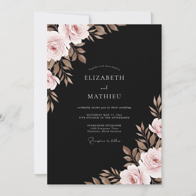 Convite Casamento com Folhas de Taupe Preto (Frente)