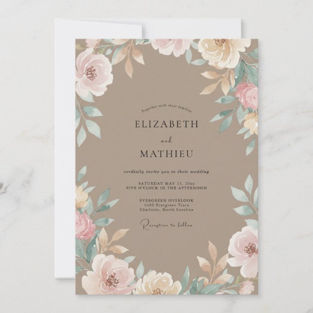 Convite Casamento com Folhas de Taupe Rosa (Frente)