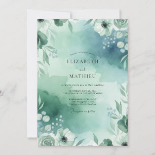 Convite Casamento com Folhas de Teal Espuma do Mar Flor Si