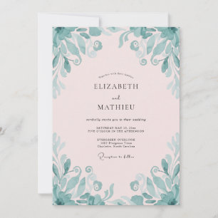 Convite Casamento com Folhas de Teal Rosa Pálido