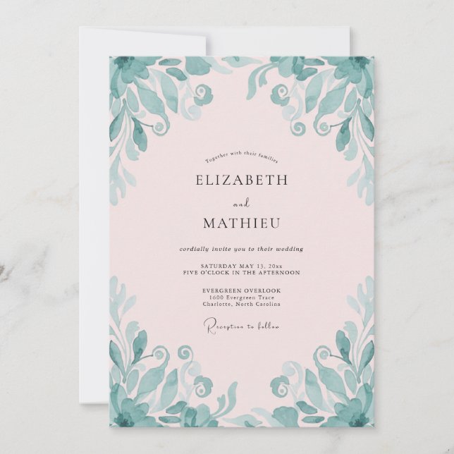 Convite Casamento com Folhas de Teal Rosa Pálido (Frente)