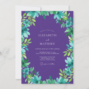 Convite Casamento com Folhas de Teal Roxo