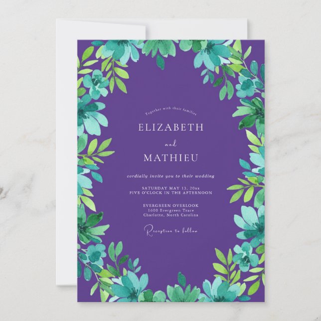 Convite Casamento com Folhas de Teal Roxo (Frente)