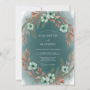 Convite Casamento com Folhas de Terracota Azul-Verde