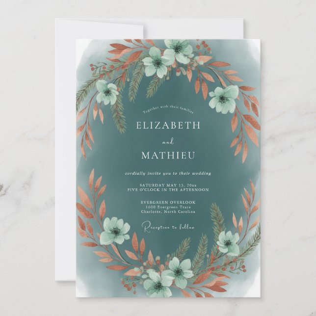 Convite Casamento com Folhas de Terracota Azul-Verde (Frente)