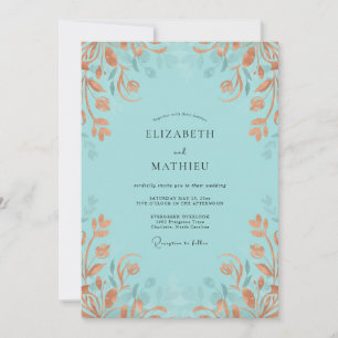 Convite Casamento com Folhas de Terracota Suave em Aqua