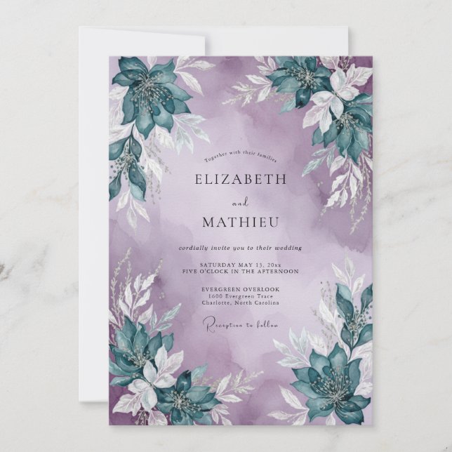 Convite Casamento com Folhas de Turquesa e Lavanda (Frente)