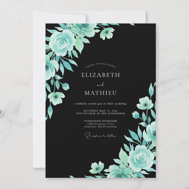 Convite Casamento com Folhas de Turquesa Preta (Frente)