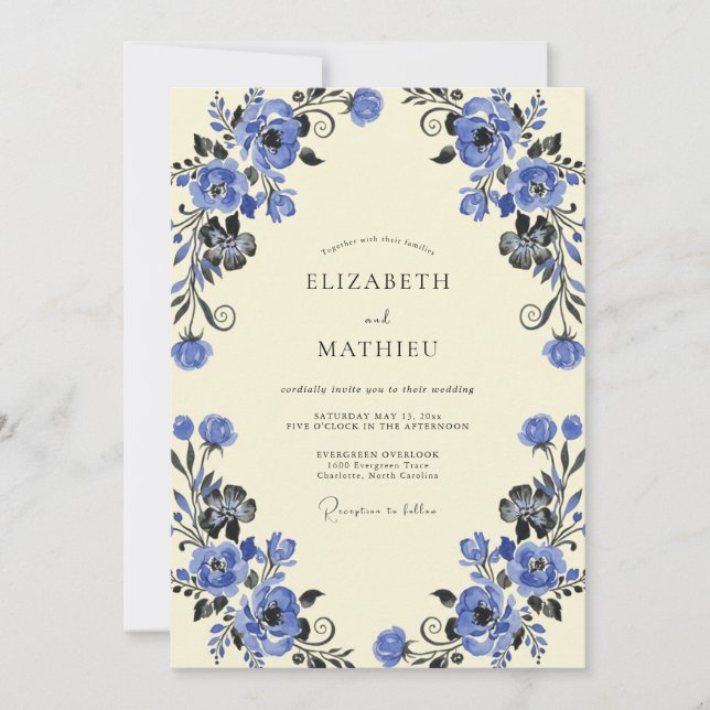 Convite Casamento com Folhas de Vinha Cobalto (Frente)