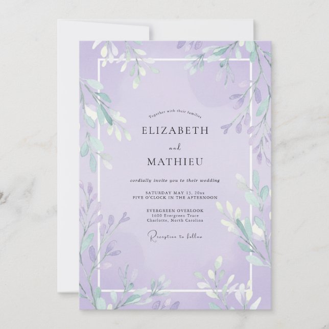 Convite Casamento com Folhas de Violeta Suave (Frente)