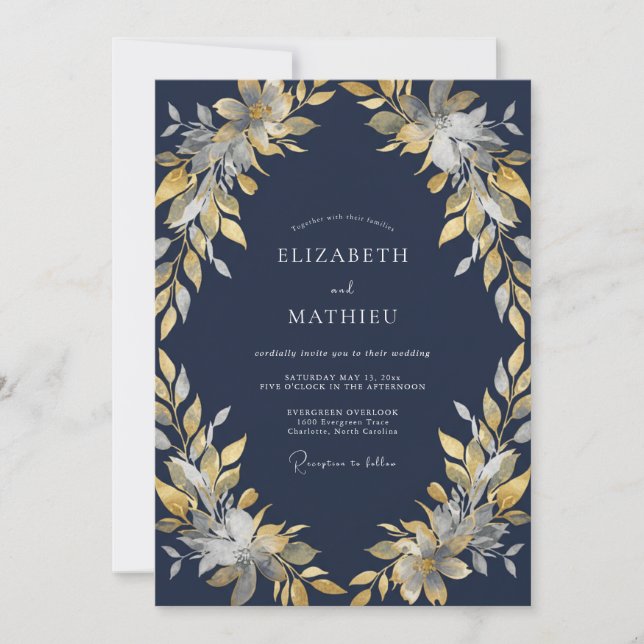 Convite Casamento com Folhas Douradas à Meia-Noite (Frente)