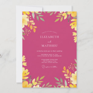 Convite Casamento com Folhas Douradas em Magenta
