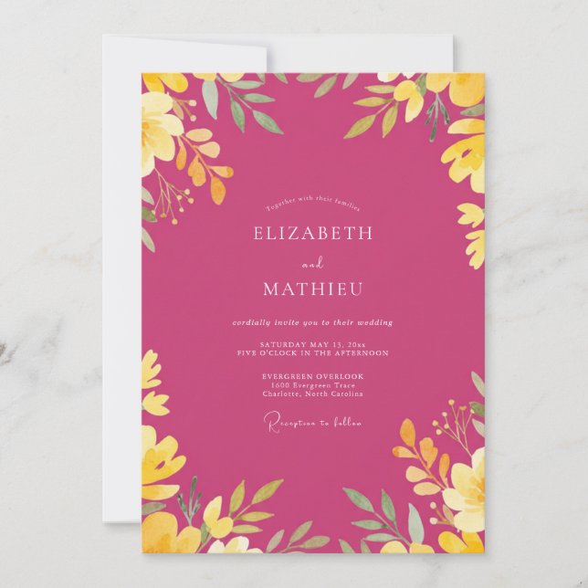 Convite Casamento com Folhas Douradas em Magenta (Frente)