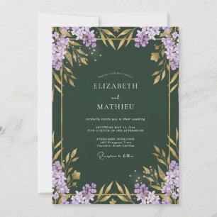 Convite Casamento com Folhas Douradas Lilás