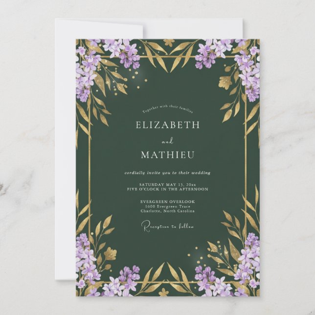 Convite Casamento com Folhas Douradas Lilás (Frente)