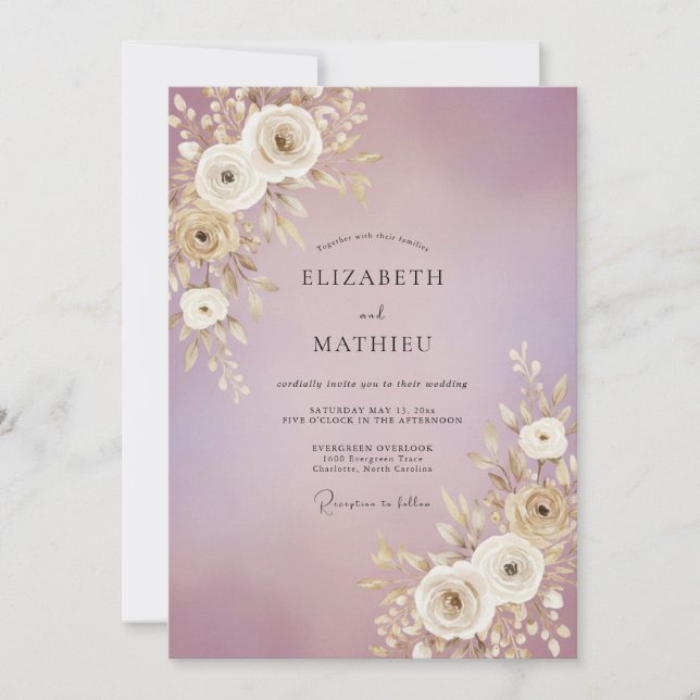 Convite Casamento com Folhas Douradas Malva (Frente)