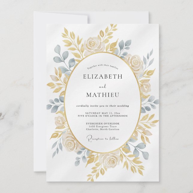 Convite Casamento com Folhas e Ardósia Champanhe (Frente)