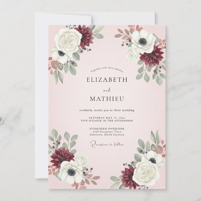 Convite Casamento com Folhas e Bege Rosado Borgonha (Frente)