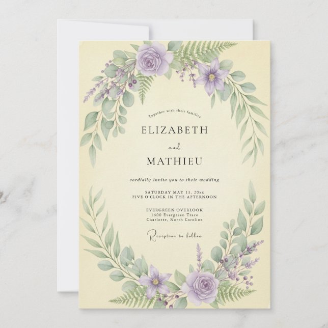 Convite Casamento com Folhas e Creme de Lavanda (Frente)
