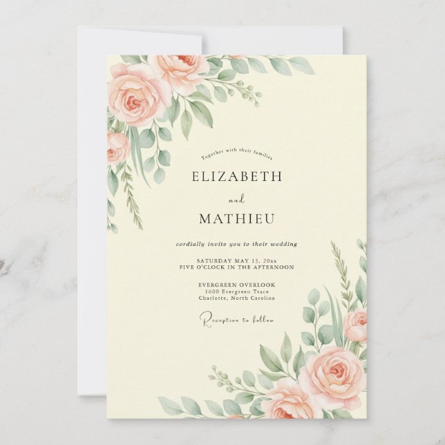 Convite Casamento com Folhas e Creme de Pêssego (Frente)