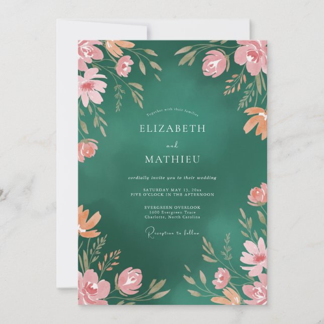 Convite Casamento com Folhas e Damasco Esmeralda (Frente)