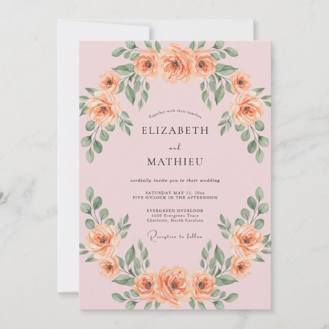 Convite Casamento com Folhas e Damasco Rosado (Frente)
