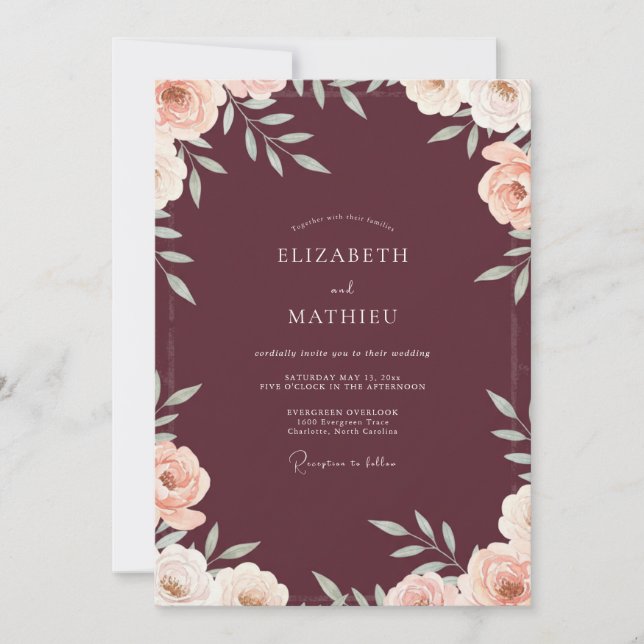 Convite Casamento com Folhas e Flores de Ameixa (Frente)