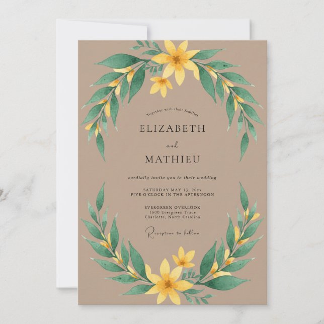 Convite Casamento com Folhas e Mostarda Bege (Frente)