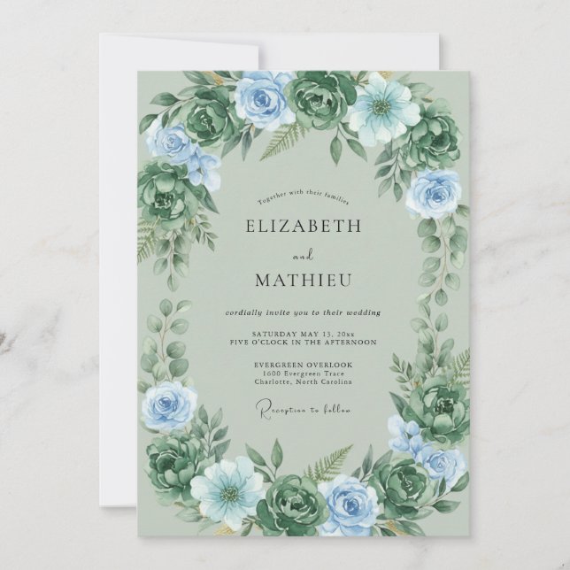 Convite Casamento com Folhas e Periwinkle Celadon (Frente)