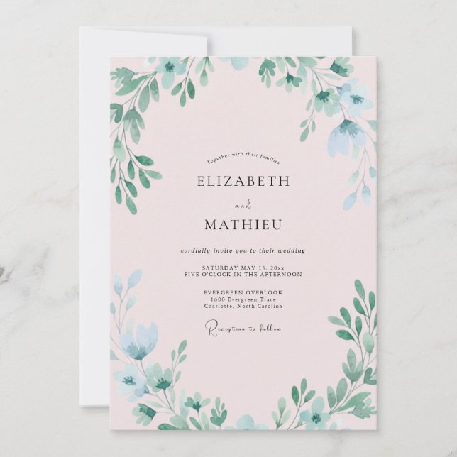 Convite Casamento com Folhas e Rosa Pastel (Frente)