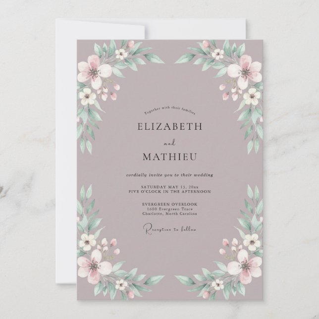 Convite Casamento com Folhas e Rubor Bege (Frente)