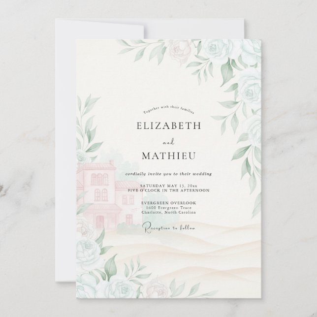 Convite Casamento com Folhas e Tons de Sage Blush (Frente)