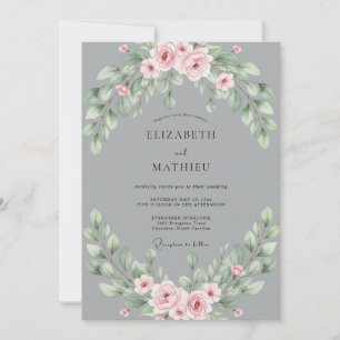 Convite Casamento com Folhas e Toque de Rosa Cinza
