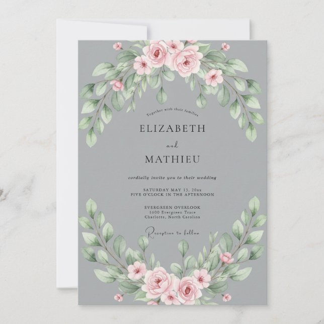 Convite Casamento com Folhas e Toque de Rosa Cinza (Frente)