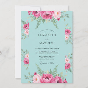 Convite Casamento com Folhas em Água Magenta
