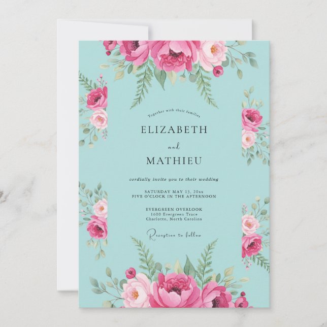 Convite Casamento com Folhas em Água Magenta (Frente)